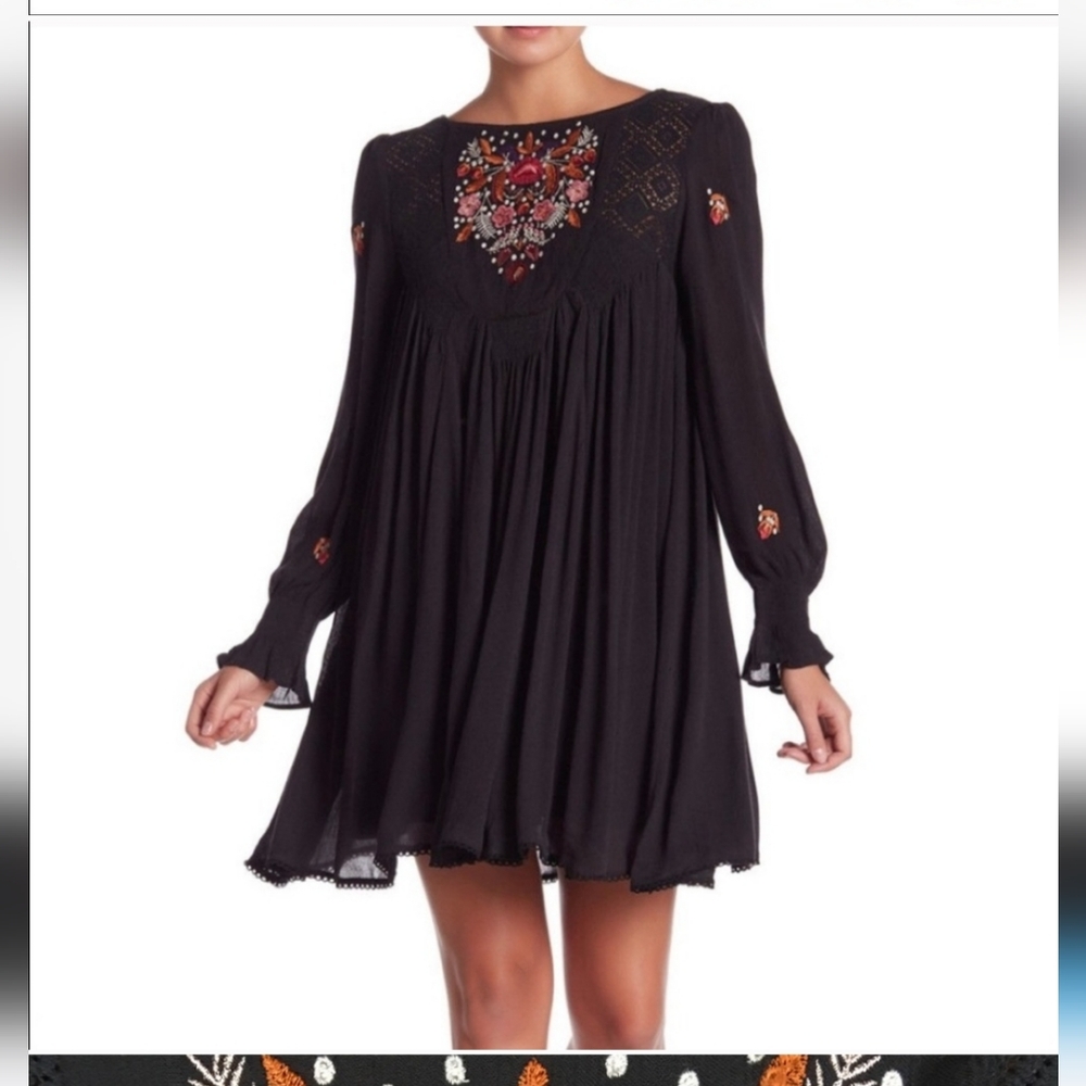 Free People Mohave Embroidered Mini Dress Small Black
